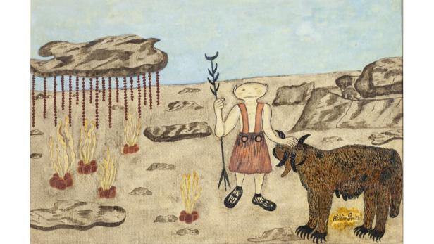 Ein Mann mit einem Stab streichelt eine Ziege in einer surrealen Landschaft.