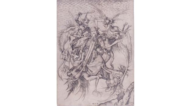 Ein bärtiger Mann wird von geflügelten Dämonen umringt.