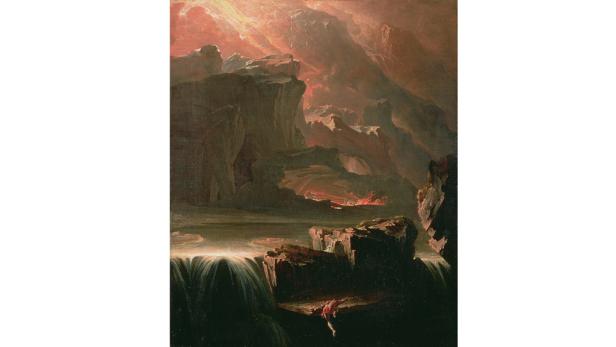 Ein Gemälde von John Martin zeigt eine dramatische Landschaft mit Wasserfällen und einem kleinen, stürzenden Mann.