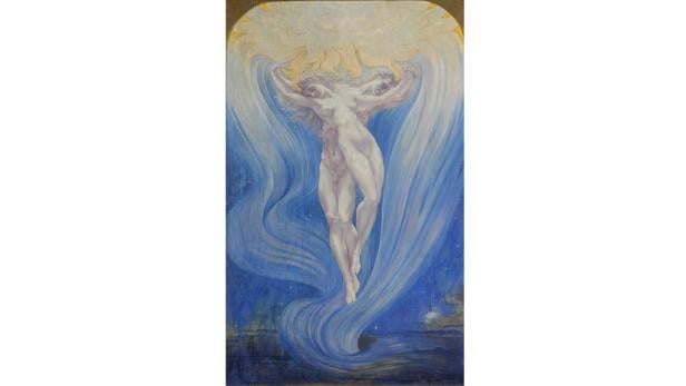 Ein Gemälde von zwei nackten, ineinander verschlungenen Figuren, umgeben von blauem Licht und Sternen.