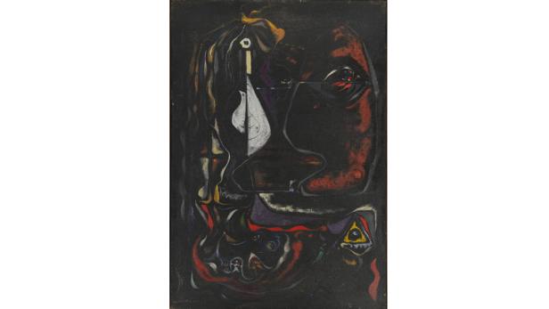 Ein abstraktes Gemälde mit dunklen Farben und einigen helleren Akzenten.