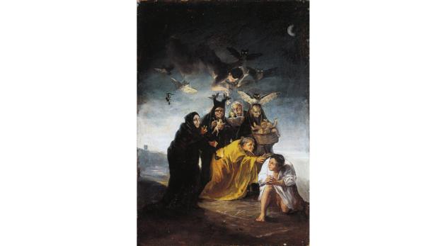 Eine Gruppe Hexen umgibt einen verängstigten Mann in einem Gemälde von Francisco Goya.