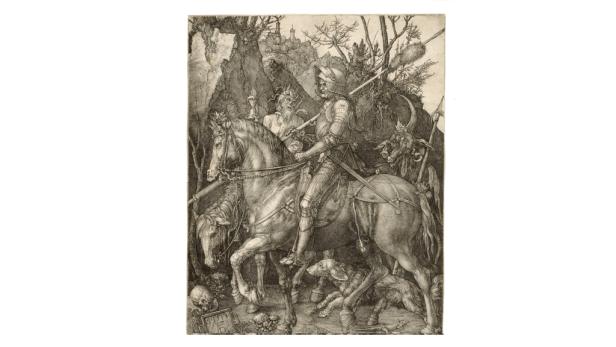 Ein Ritter reitet mit einem Begleiter durch eine dunkle Landschaft, begleitet von einem Hund.