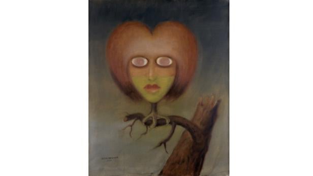Ein surrealistisches Gemälde von Victor Brauner zeigt einen herzförmigen Kopf auf einem Ast.