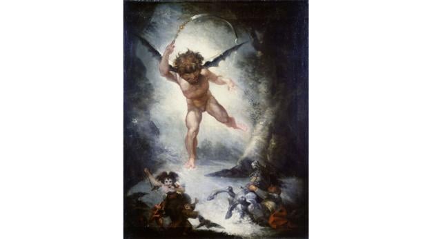 Ein geflügelter Dämon bedroht Menschen mit einer Peitsche.