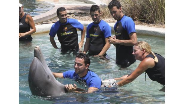 Xavi Hernández mit anderen Personen im Miami Seaquarium, die einen Delfin berühren.