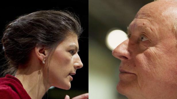 Ein Doppelporträt von Sarah Wagenknecht und Wolfgang Schäuble im Profil.