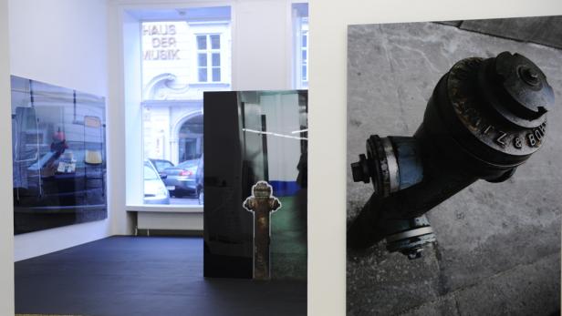 In einer Galerie sind Fotografien von Hydranten ausgestellt.