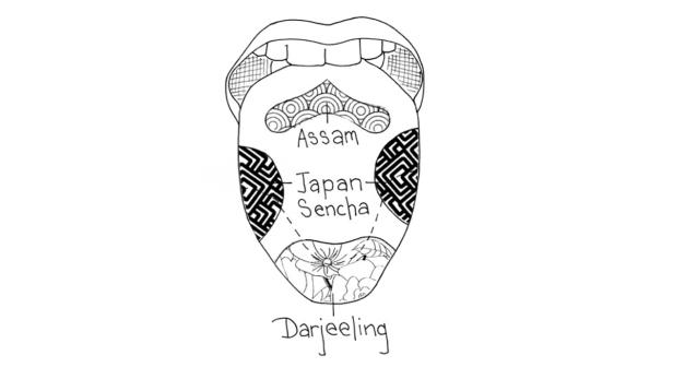 Eine stilisierte Zunge mit Mustern und den Bezeichnungen Assam, Japan Sencha und Darjeeling.