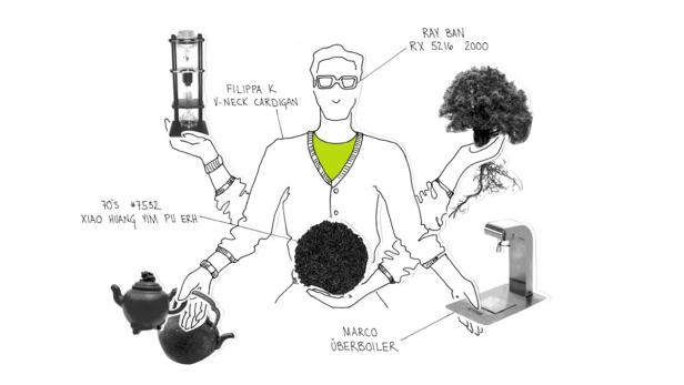 Eine stilisierte Darstellung einer Person, die verschiedene Tee-Utensilien und Accessoires präsentiert.