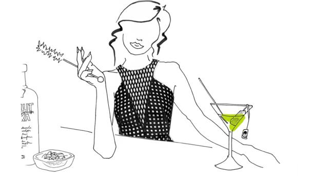 Eine stilisierte Zeichnung einer Frau mit einem Cocktail und einer Zigarettenspitze.
