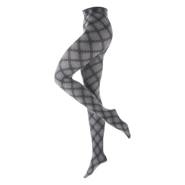 Eine Schaufensterpuppe trägt eine graue, karierte Strumpfhose.