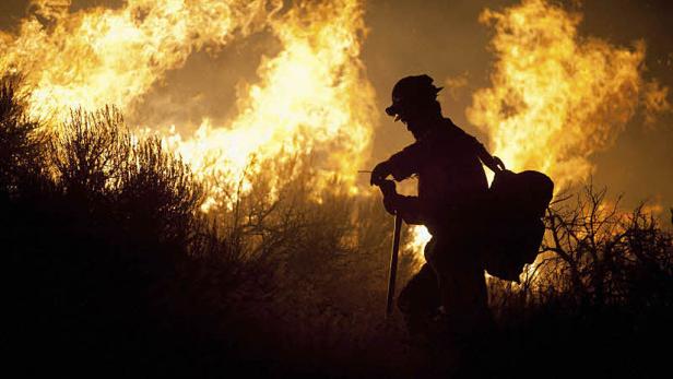 Ein Feuerwehrmann steht vor einem großen Waldbrand.