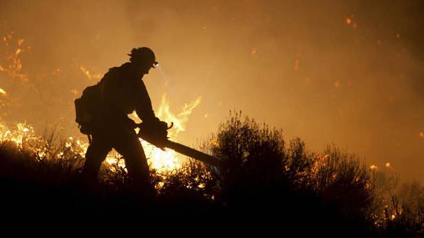Ein Feuerwehrmann arbeitet mit einer Kettensäge an einem Waldbrand.