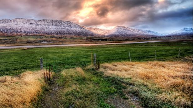 Eine grüne Landschaft mit Bergen im Hintergrund unter einem bewölkten Himmel.