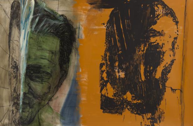Ein abstraktes Gemälde mit zwei Gesichtern in Grün und Schwarz auf orangefarbenem Hintergrund.