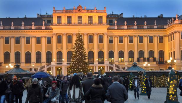 Das Schloss Schönbrunn in Wien mit einem großen Weihnachtsbaum davor.
