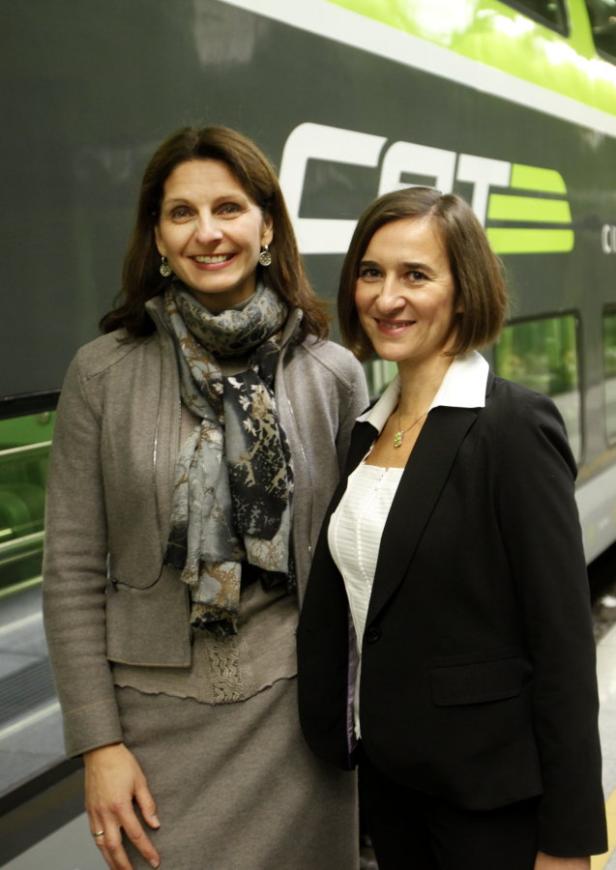 Zwei Frauen posieren vor einem CAT-Zug.