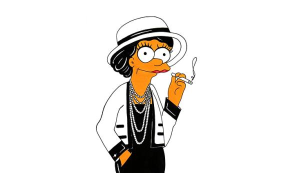 Eine stilisierte Marge Simpson als Coco Chanel mit Zigarette, Hut und Perlenkette.