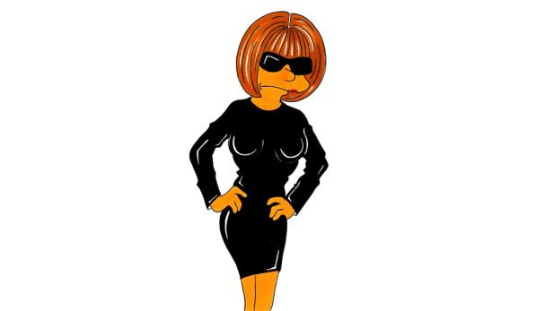 Eine stilisierte Frau mit orangefarbener Haut, schwarzem Kleid und Sonnenbrille steht da.