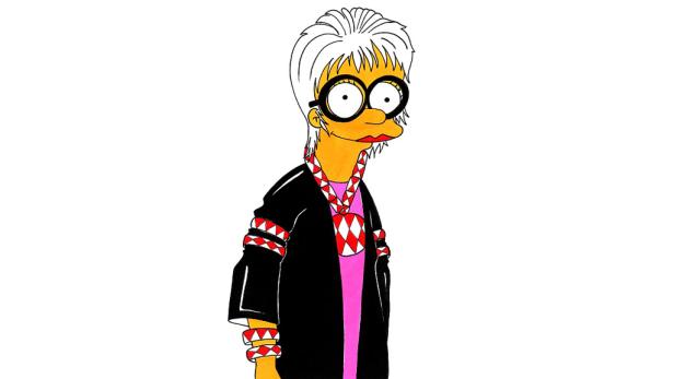 Eine stilisierte Figur mit großen runden Brillengläsern, weißem Haar und auffälligem Schmuck.