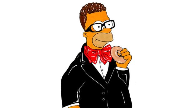 Homer Simpson im Smoking mit Brille und roter Fliege hält einen Donut in der Hand.