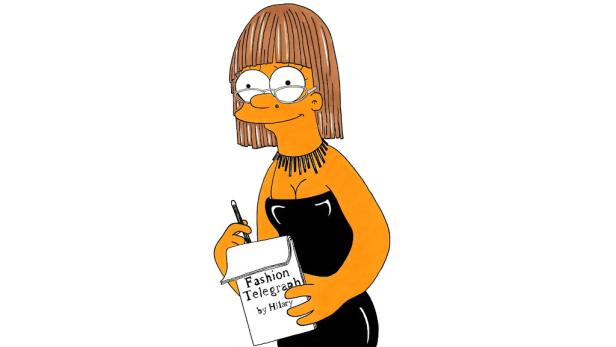 Eine stilisierte Frau mit braunen Haaren, Brille und schwarzem Kleid hält einen „Fashion Telegraph“ Block.