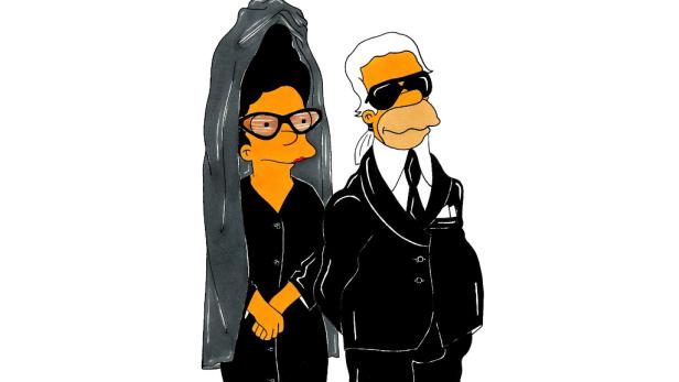 Marge Simpson und Karl Lagerfeld als stilisierte Cartoon-Figuren.