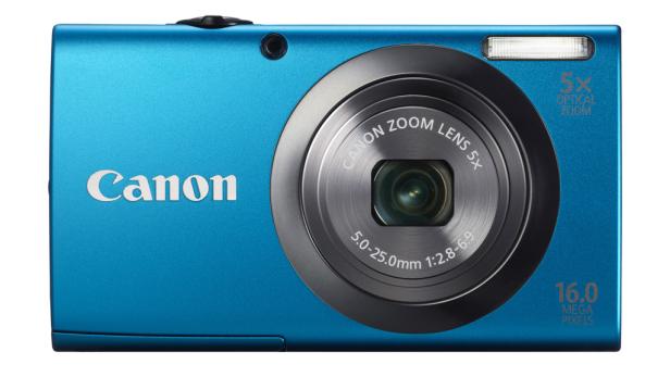 Eine blaue Canon Kompaktkamera mit 5x optischem Zoom und 16 Megapixeln.