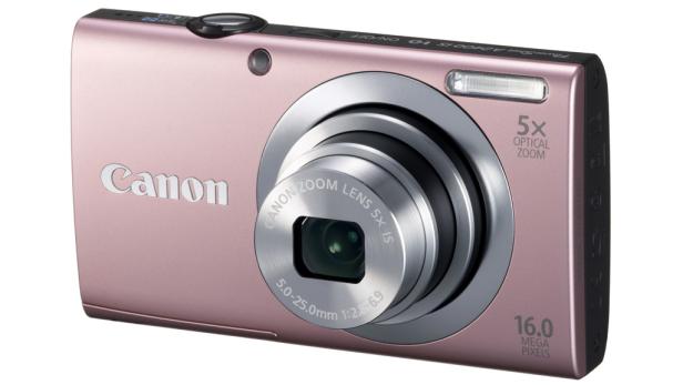 Eine rosafarbene Canon PowerShot Kompaktkamera mit 5x optischem Zoom und 16 Megapixeln.