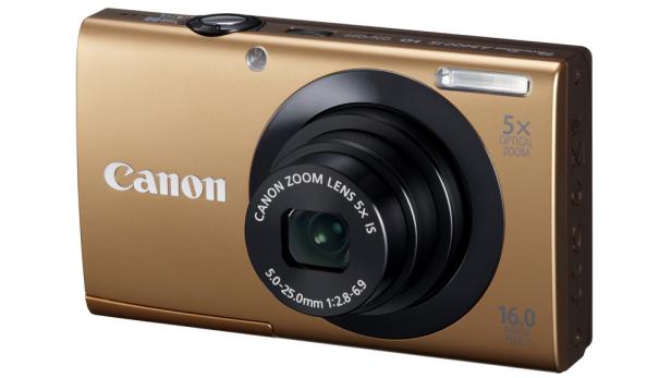 Eine goldene Canon PowerShot A3400 IS Digitalkamera.