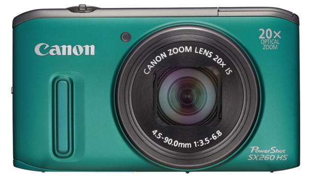 Eine türkisfarbene Canon PowerShot SX260 HS Kompaktkamera.