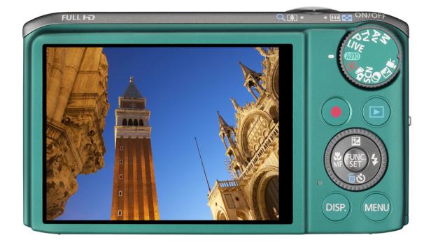 Eine türkisfarbene Kamera zeigt ein Bild des Markusdoms und des Campanile in Venedig.