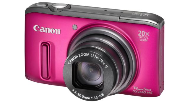 Eine pinkfarbene Canon PowerShot SX240 HS Digitalkamera.