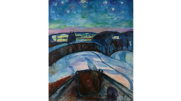 Das Gemälde „Sternennacht“ von Edvard Munch zeigt eine verschneite Landschaft bei Nacht.