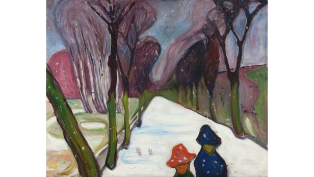 Ein Gemälde von Edvard Munch, das eine verschneite Landschaft mit zwei Personen zeigt.