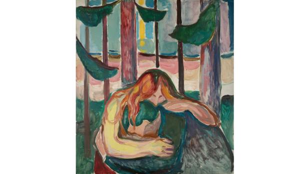 Ein Gemälde von Edvard Munch zeigt eine Frau mit roten Haaren, die ihren Kopf auf ihre Arme stützt.