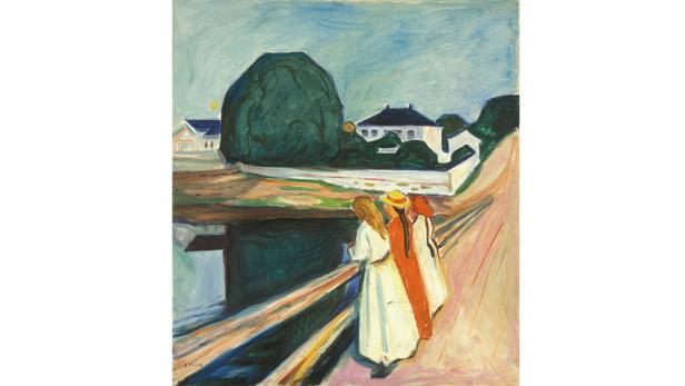 Drei Frauen stehen auf einer Brücke in einem Gemälde von Edvard Munch.