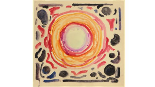 Ein abstraktes Aquarell mit einem farbenfrohen Kreis in der Mitte.