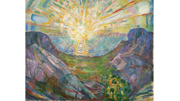 Das Gemälde „Die Sonne“ von Edvard Munch zeigt eine strahlende Sonne über einer norwegischen Landschaft.