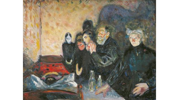 Das Gemälde „Beim Totenbett“ von Edvard Munch zeigt eine Gruppe von Menschen um ein Bett.