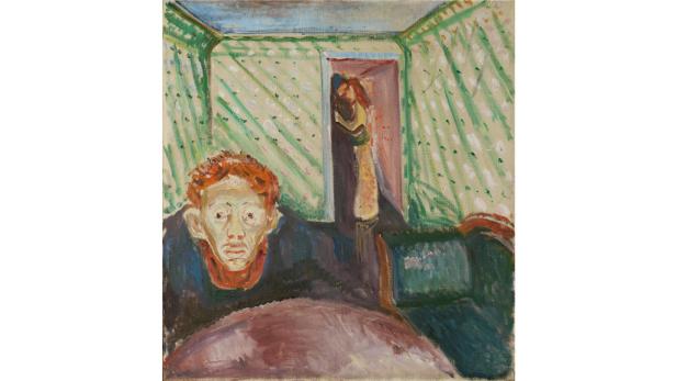 Ein Gemälde von Edvard Munch zeigt ein Paar im Hintergrund und ein Gesicht im Vordergrund.