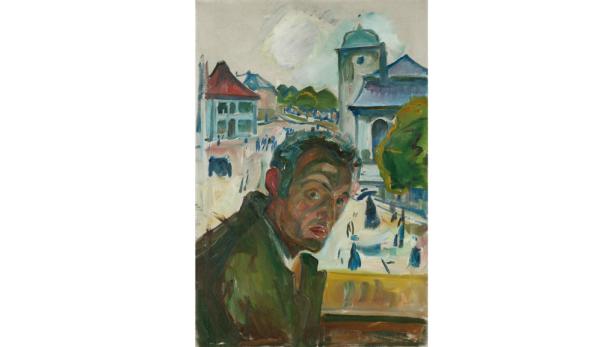 Ein Selbstporträt von Edvard Munch vor einer Stadtansicht.