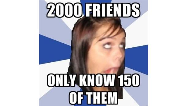 Ein Meme zeigt eine überraschte Frau mit dem Text „2000 Freunde, kenne nur 150 davon“.