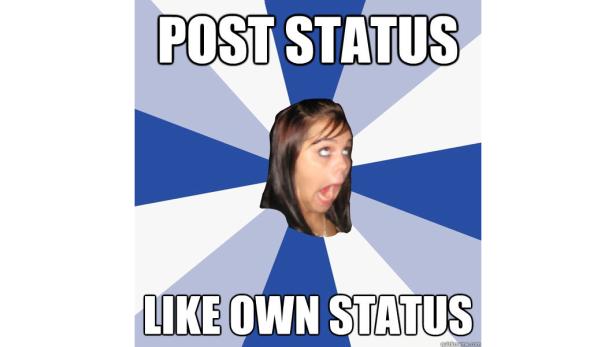 Ein Meme, das eine Frau mit überraschtem Gesichtsausdruck vor einem blau-weißen Hintergrund zeigt, mit dem Text „Post Status Like Own Status“.