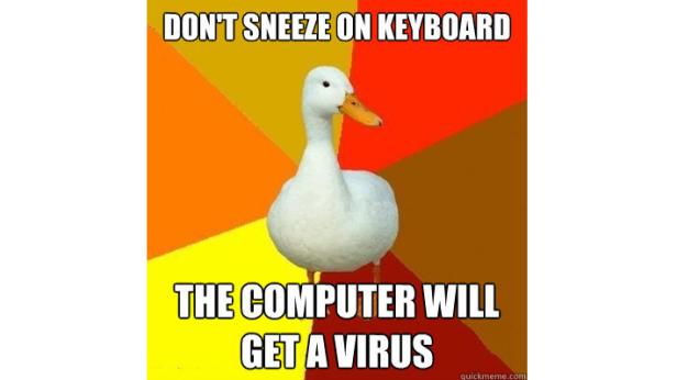 Ein Meme mit einer Ente und dem Text: „Nicht auf die Tastatur niesen. Der Computer bekommt sonst einen Virus.“.