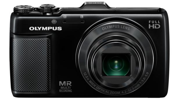 Eine schwarze Olympus-Kompaktkamera mit der Aufschrift „Full HD“.