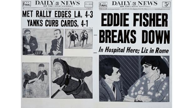 Eine Collage von Schlagzeilen und Bildern aus der „Daily News“, darunter ein Artikel über Eddie Fisher.