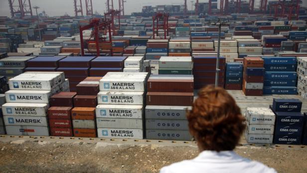 Eine Person blickt auf einen Containerhafen mit vielen gestapelten Containern.
