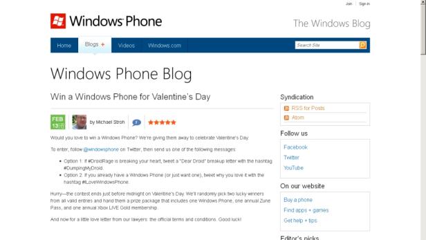 Die Webseite des Windows Phone Blogs mit einer Valentinstags-Aktion.